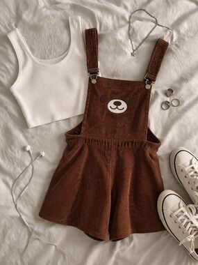 Hot Topic Brown Corduroy Bear Overall Dress Size M Cute Kawaii